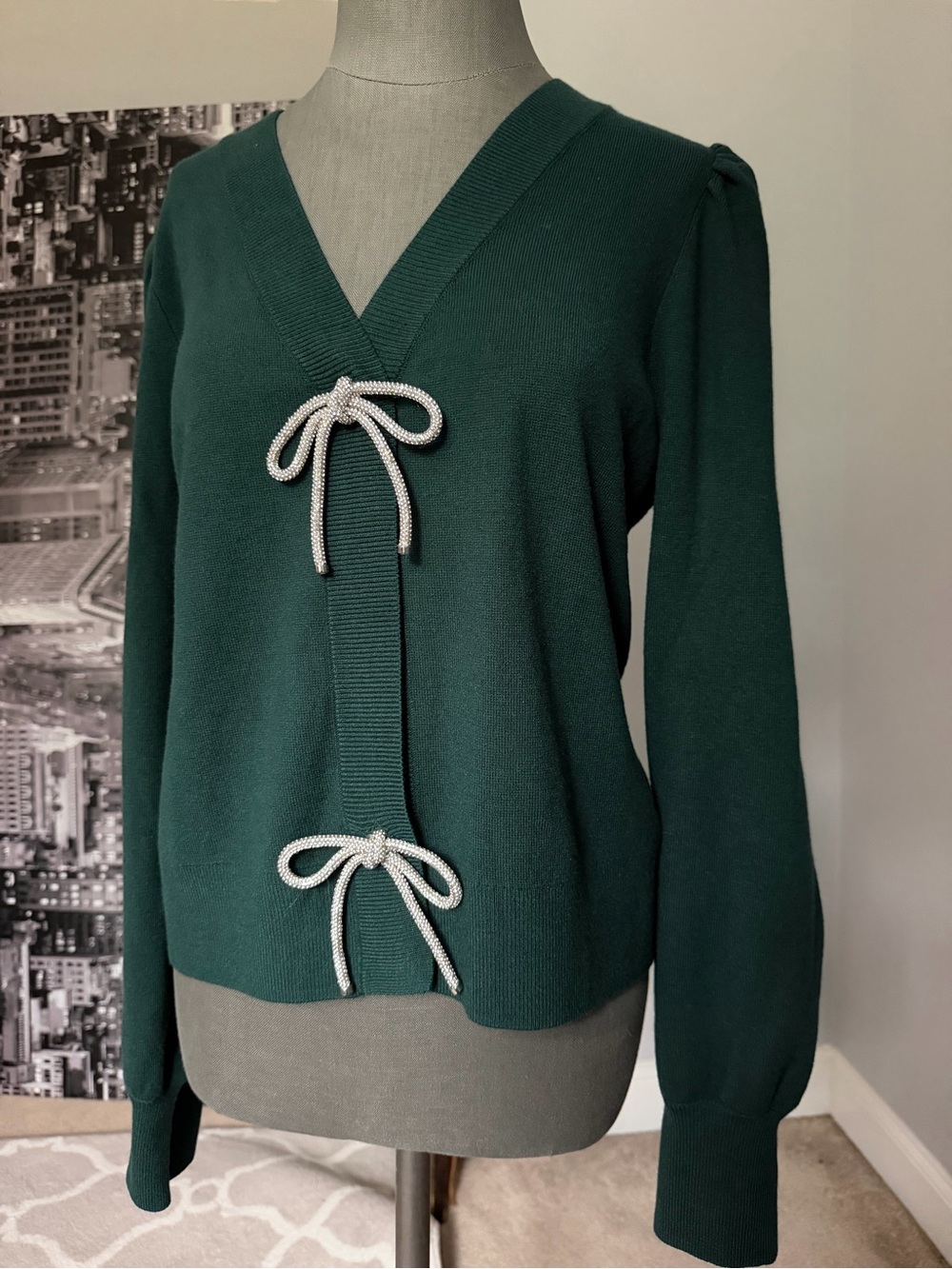 Express Forest Green V-Neck Cardigan Sweater with Bow-Tie Details